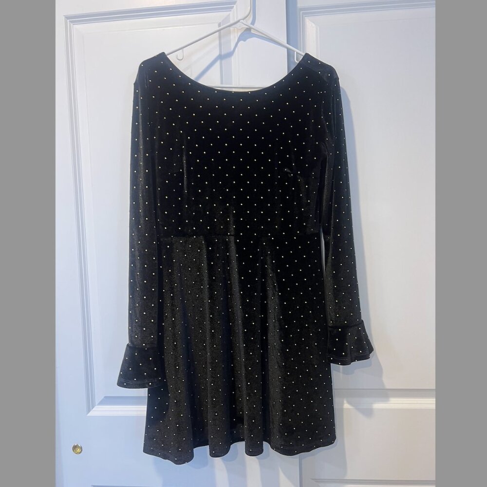 ASOS Studded Velvet Scoop Back Skater Dress w/ Frill Cuffs - Black w/ gold stud